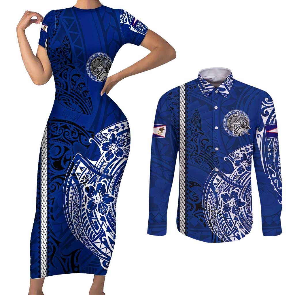 Sharks And American Samoa Couples Matching Short Sleeve Bodycon Dress and Long Sleeve Button Shirt Simple Polynesian Blue