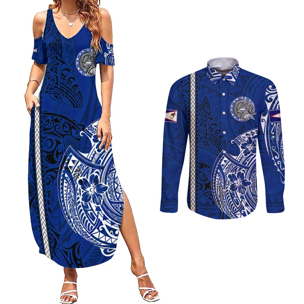 Sharks And American Samoa Couples Matching Summer Maxi Dress and Long Sleeve Button Shirt Simple Polynesian Blue