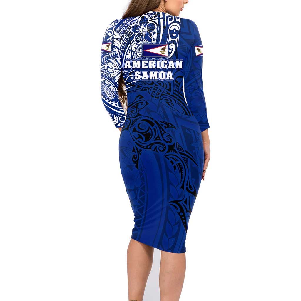 Sharks And American Samoa Family Matching Long Sleeve Bodycon Dress and Hawaiian Shirt Simple Polynesian Blue