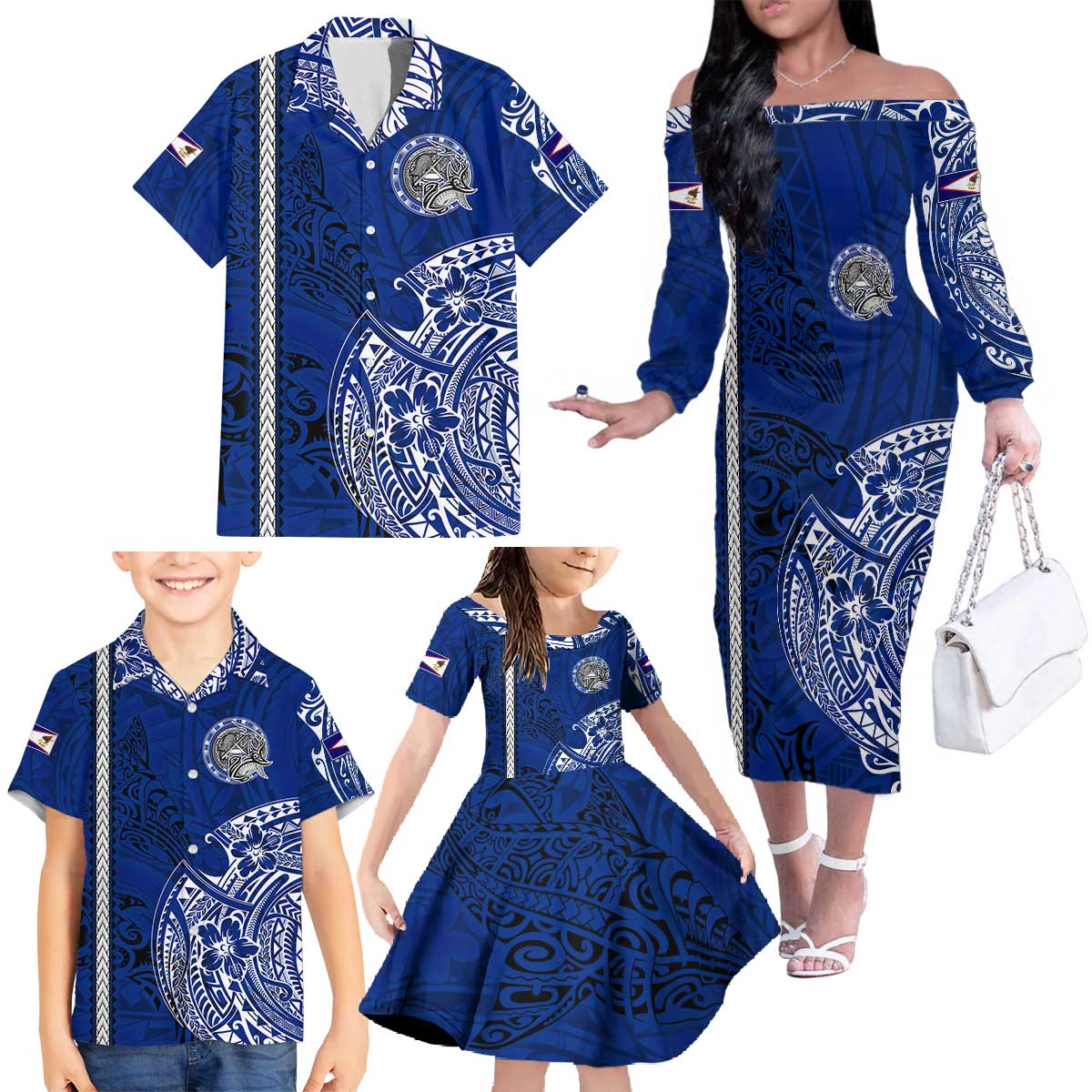 Sharks And American Samoa Family Matching Off The Shoulder Long Sleeve Dress and Hawaiian Shirt Simple Polynesian Blue