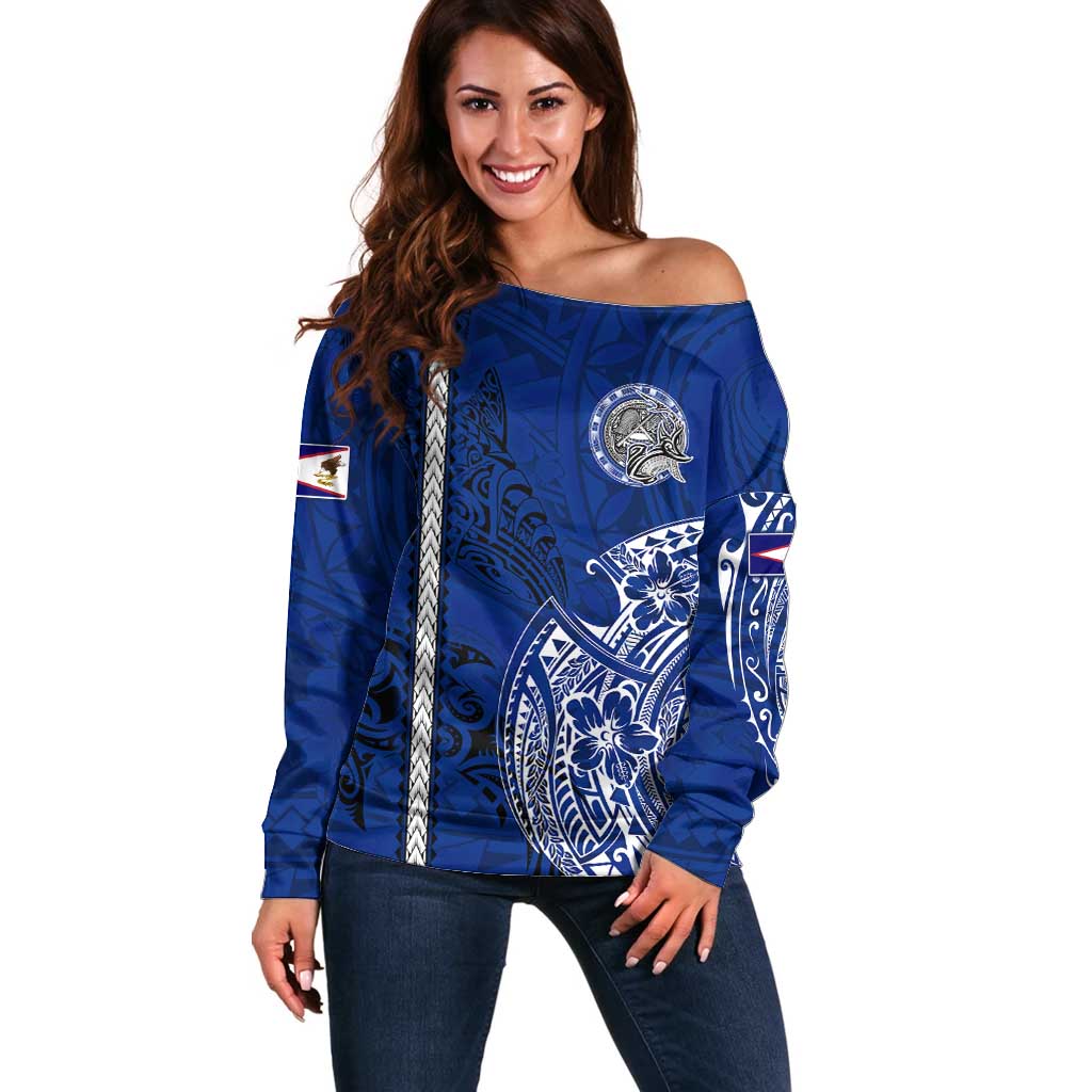 Sharks And American Samoa Off Shoulder Sweater Simple Polynesian Blue