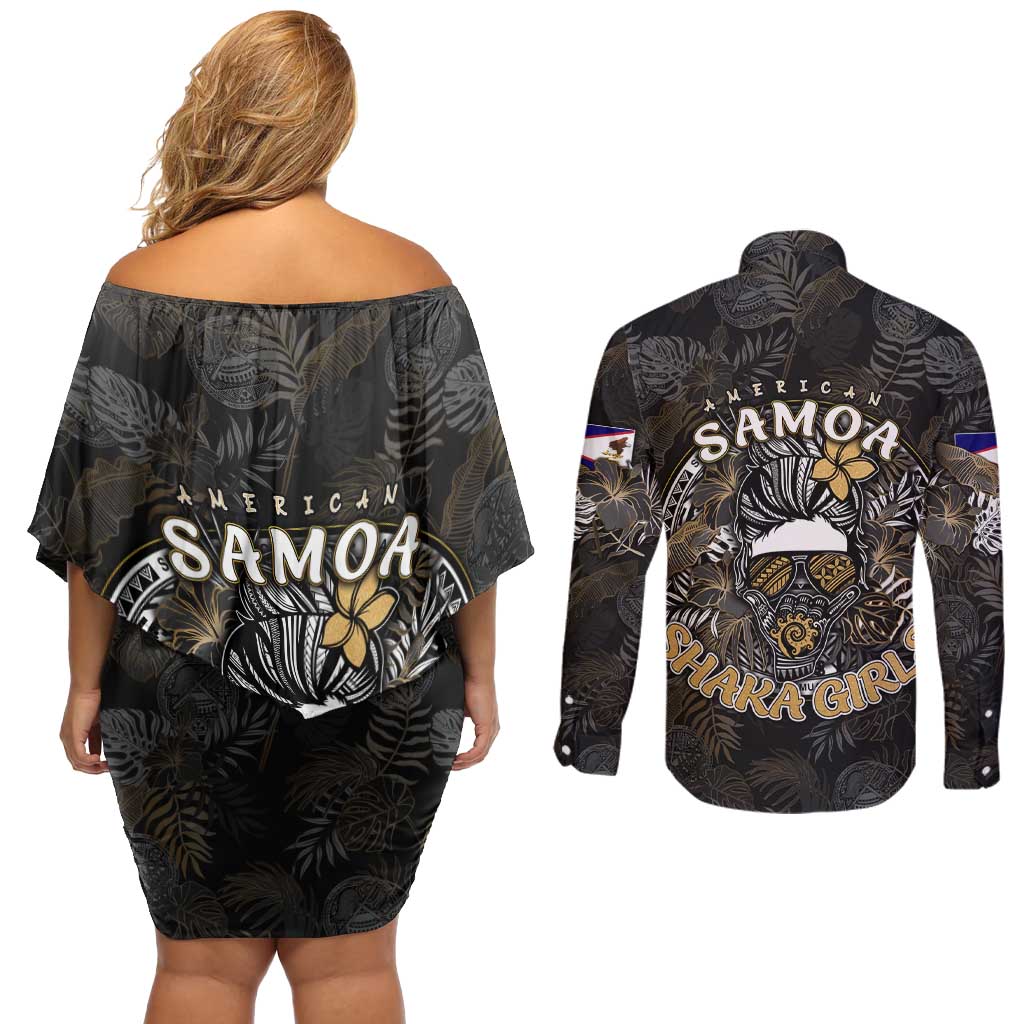 Personalized Shaka Girls America Samoa Couples Matching Off Shoulder Short Dress and Long Sleeve Button Shirt Tropical Flowers Vintage