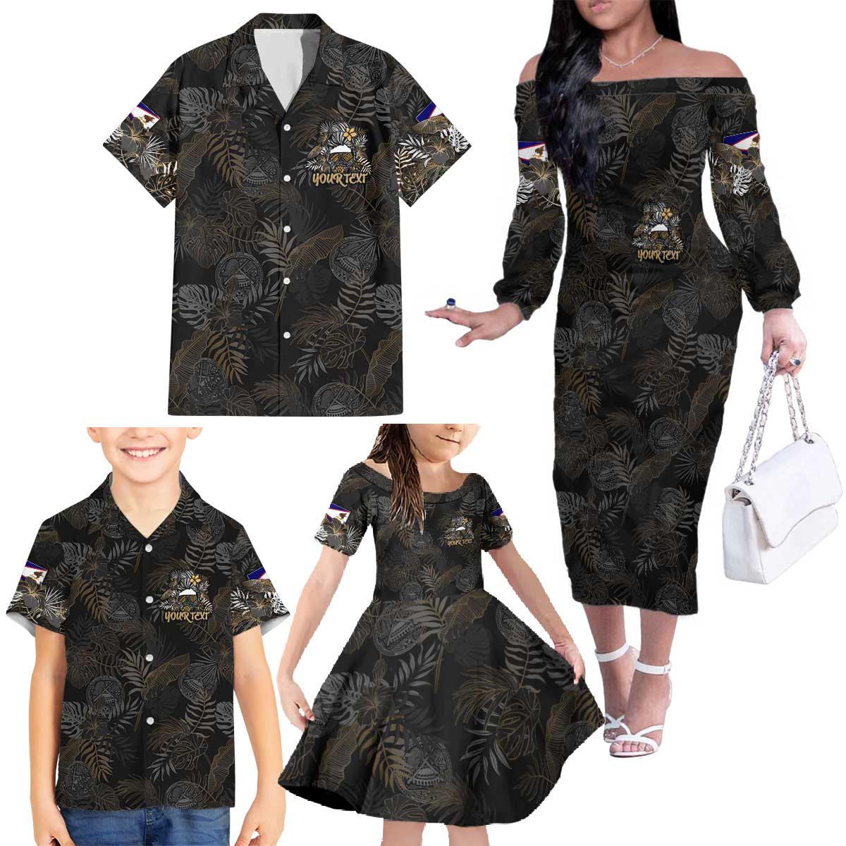 Personalized Shaka Girls America Samoa Family Matching Off The Shoulder Long Sleeve Dress and Hawaiian Shirt Tropical Flowers Vintage