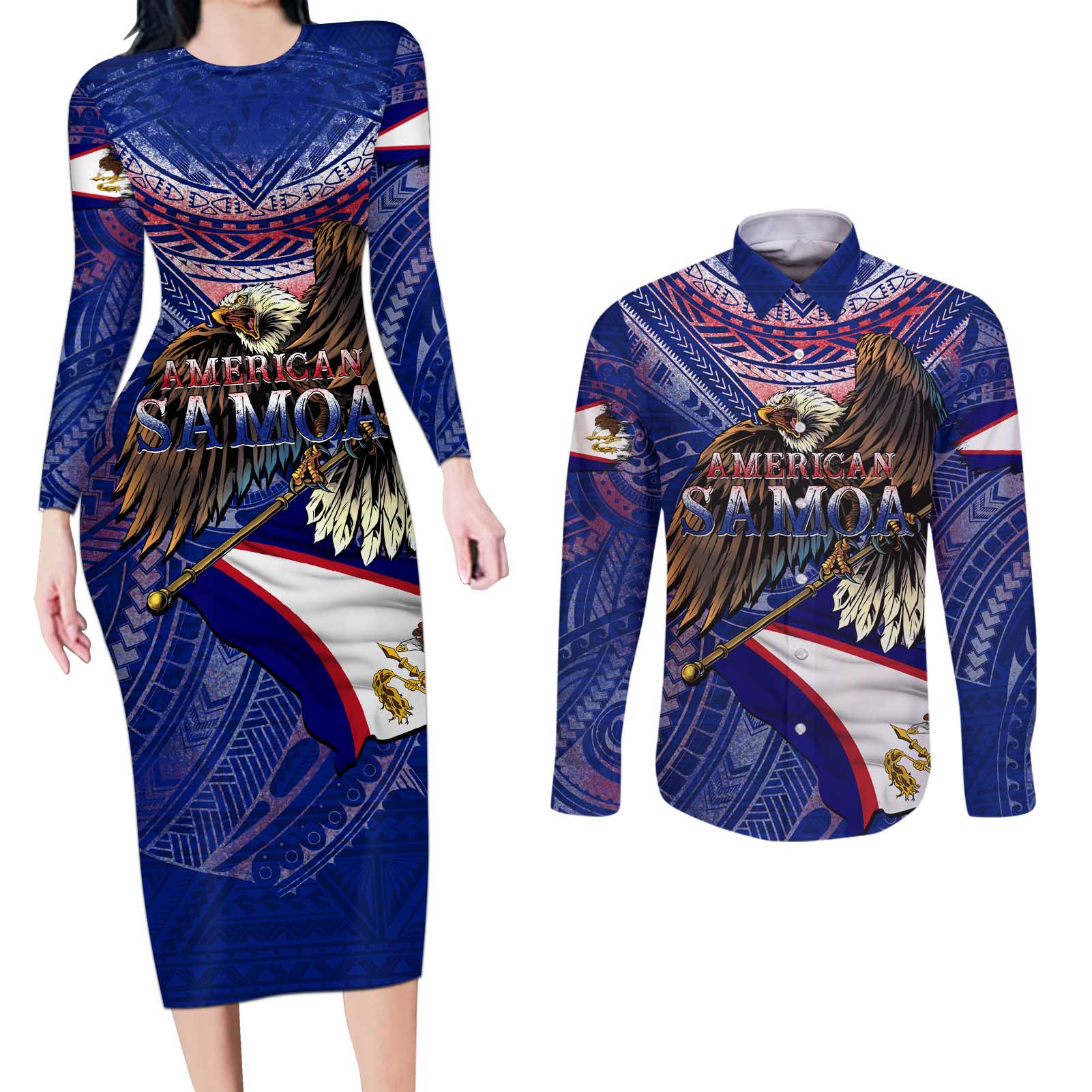 American Samoa Couples Matching Long Sleeve Bodycon Dress and Long Sleeve Button Shirt Brave Eagle Flag Color