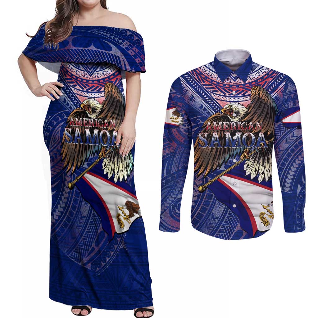 American Samoa Couples Matching Off Shoulder Maxi Dress and Long Sleeve Button Shirt Brave Eagle Flag Color