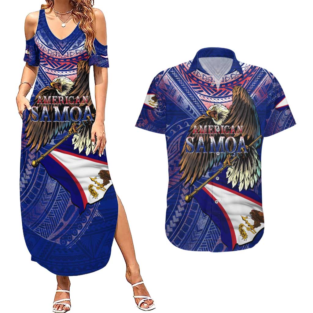 American Samoa Couples Matching Summer Maxi Dress and Hawaiian Shirt Brave Eagle Flag Color