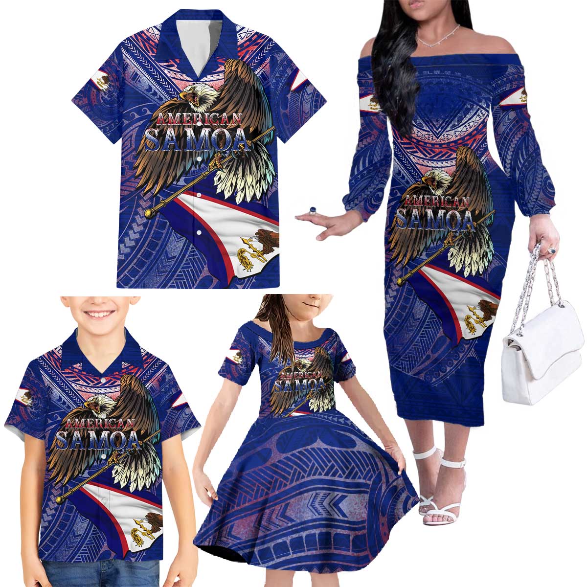 American Samoa Family Matching Off The Shoulder Long Sleeve Dress and Hawaiian Shirt Brave Eagle Flag Color