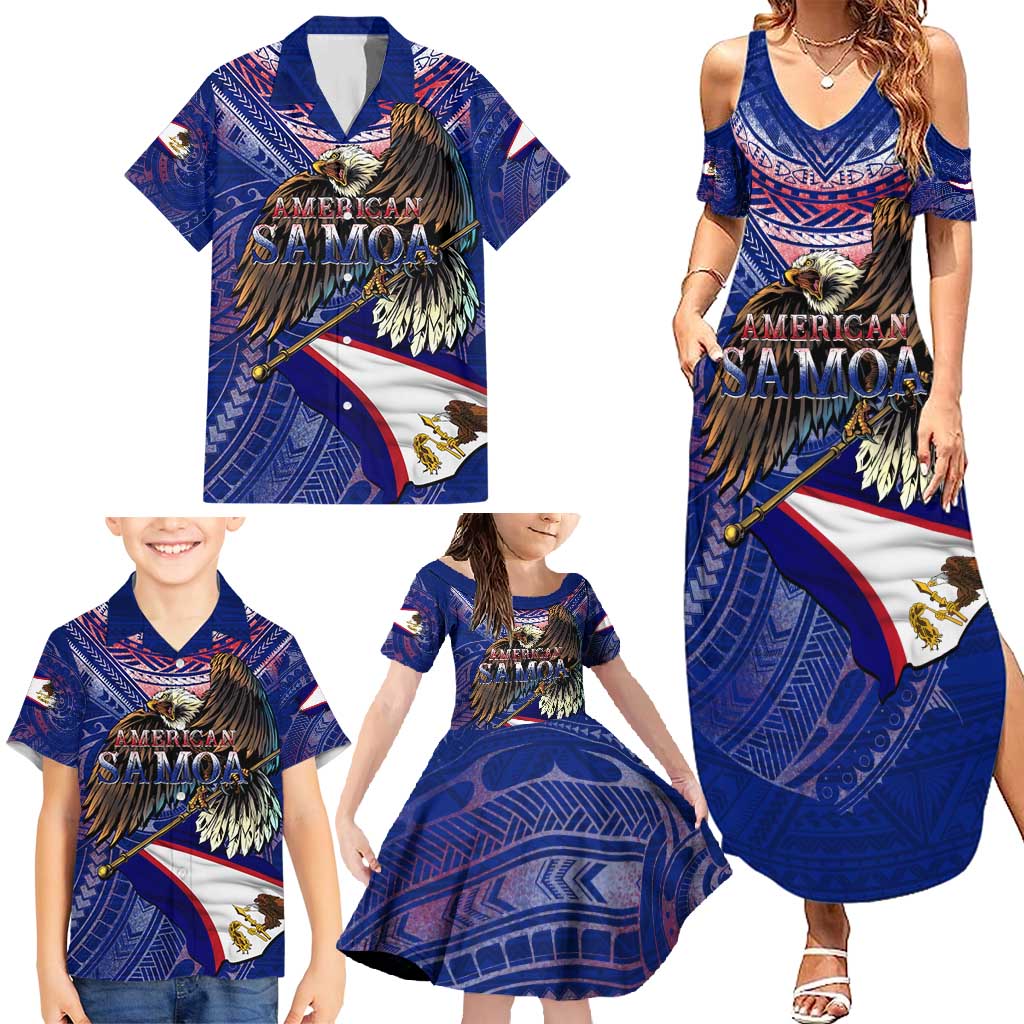 American Samoa Family Matching Summer Maxi Dress and Hawaiian Shirt Brave Eagle Flag Color