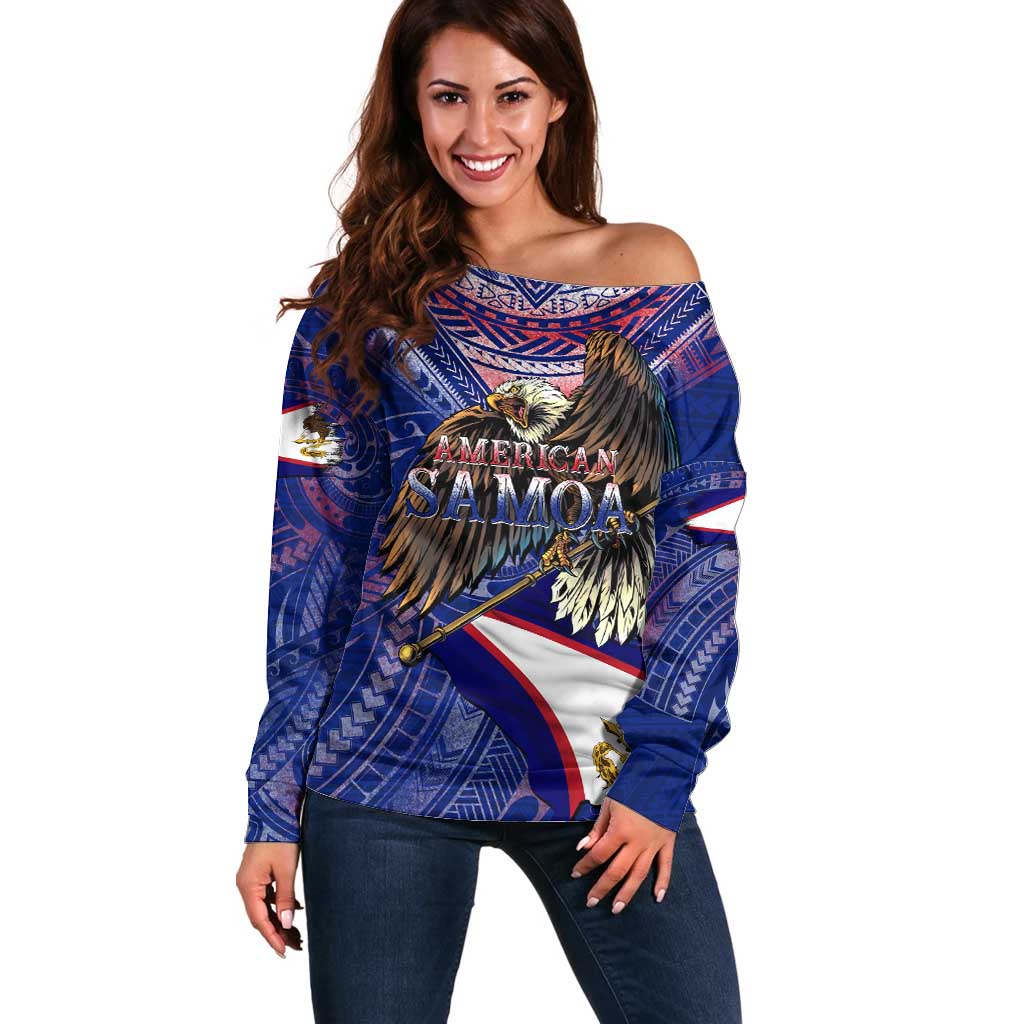 American Samoa Off Shoulder Sweater Brave Eagle Flag Color