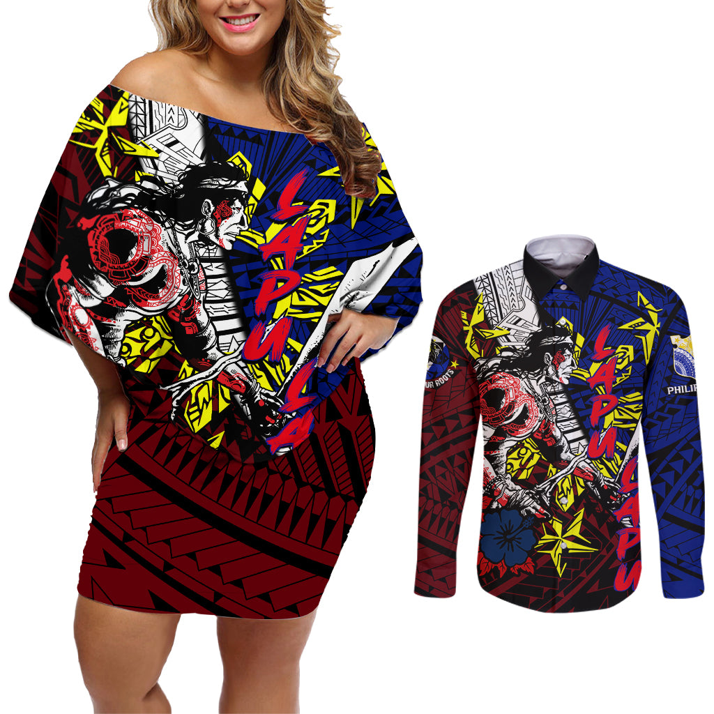 Philippines Lapu Lapu Couples Matching Off Shoulder Short Dress and Long Sleeve Button Shirt Chief Filipino Tattoo DT02 Art - Polynesian Pride