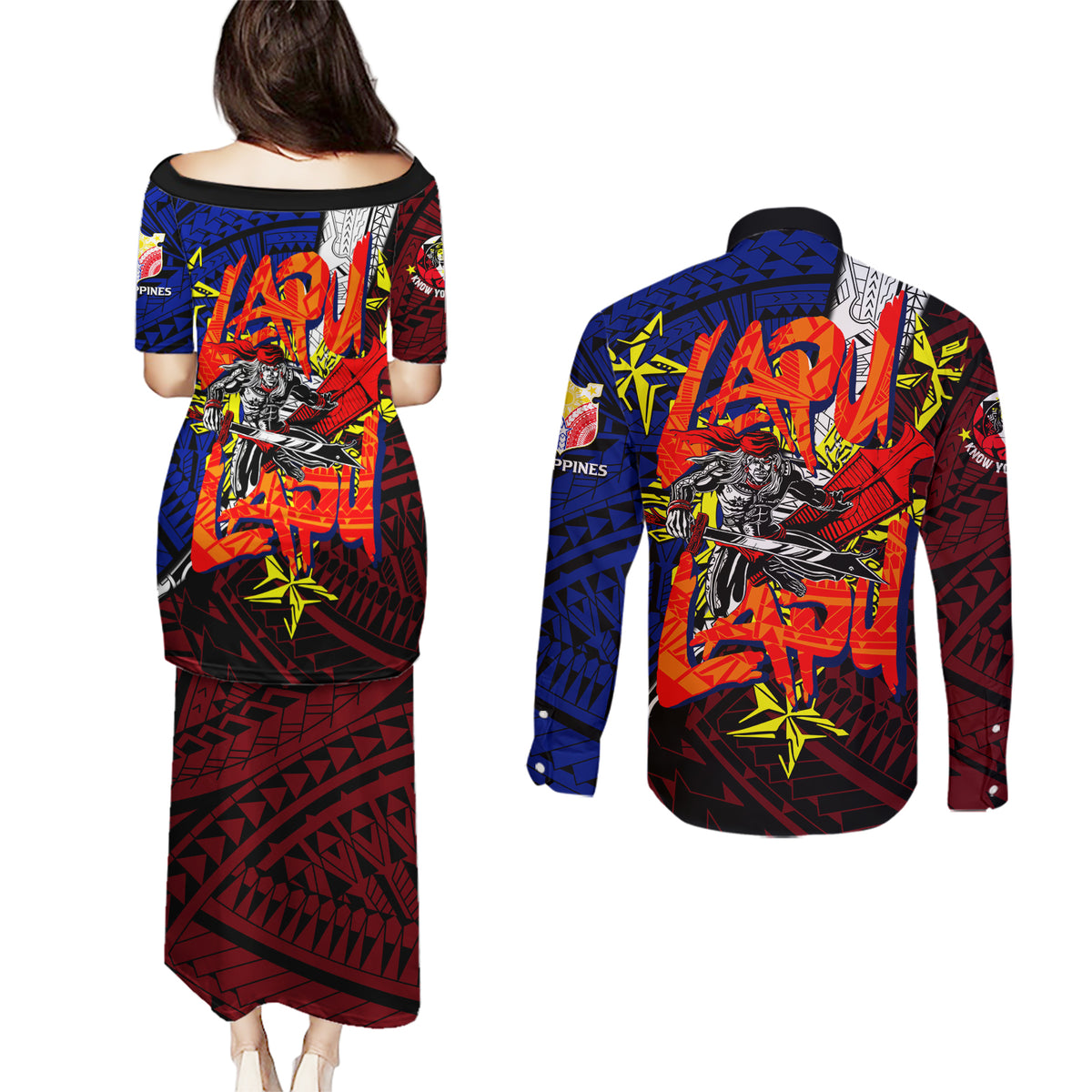 Philippines Lapu Lapu Couples Matching Puletasi Dress and Long Sleeve Button Shirt Chief Filipino Tattoo DT02 - Polynesian Pride