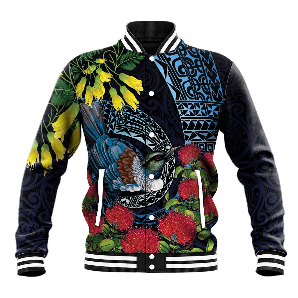 New Zealand Tui Bird Baseball Jacket Maori Koru Mix Pohutukawa DT04 Unisex Black - Polynesian Pride