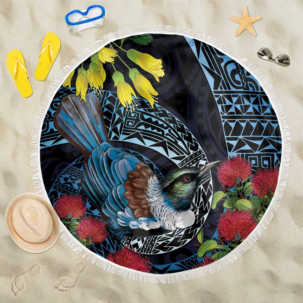 New Zealand Tui Bird Beach Blanket Maori Koru Mix Pohutukawa DT04 One Size 150cm Black - Polynesian Pride