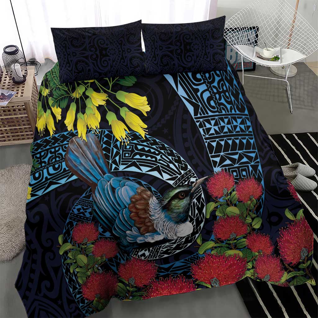 New Zealand Tui Bird Bedding Set Maori Koru Mix Pohutukawa
