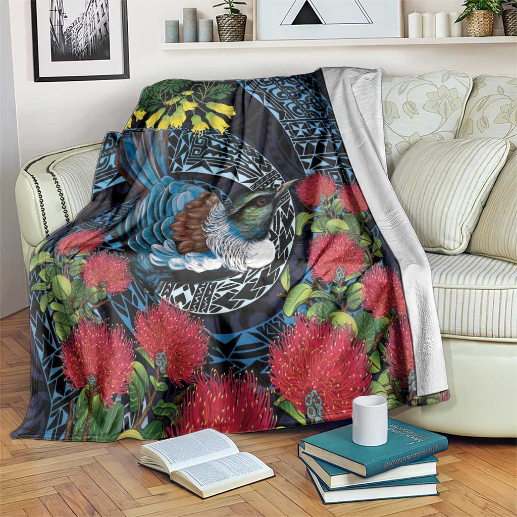 New Zealand Tui Bird Blanket Maori Koru Mix Pohutukawa DT04 Black - Polynesian Pride