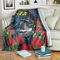 New Zealand Tui Bird Blanket Maori Koru Mix Pohutukawa DT04 Black - Polynesian Pride