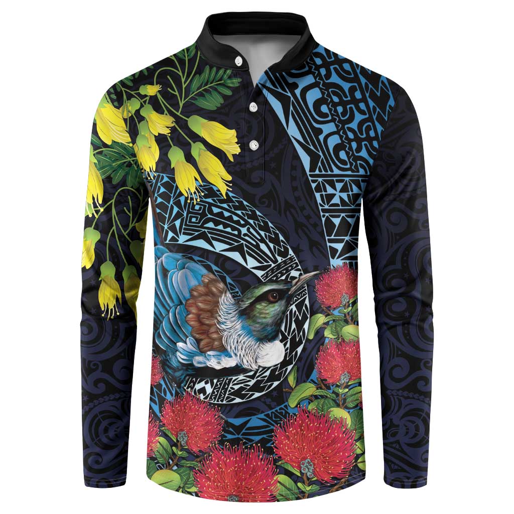New Zealand Tui Bird Button Sweatshirt Maori Koru Mix Pohutukawa DT04 Black - Polynesian Pride
