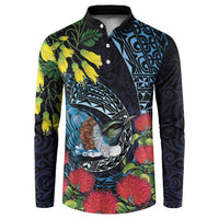 New Zealand Tui Bird Button Sweatshirt Maori Koru Mix Pohutukawa DT04 Black - Polynesian Pride