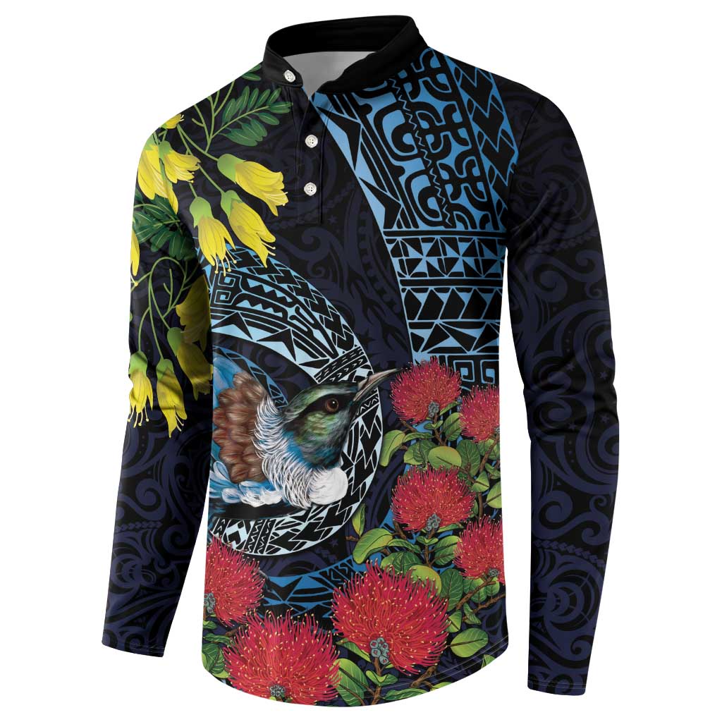 New Zealand Tui Bird Button Sweatshirt Maori Koru Mix Pohutukawa DT04 - Polynesian Pride
