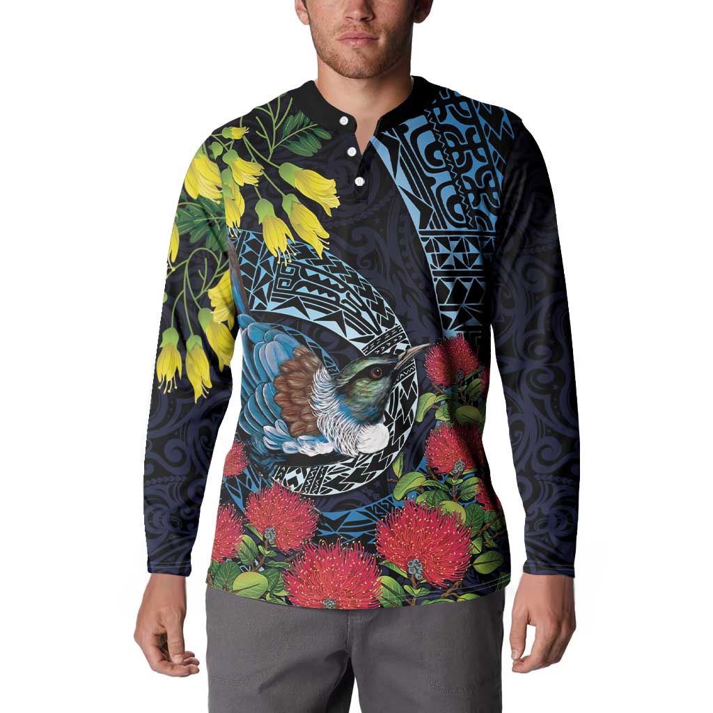 New Zealand Tui Bird Button Sweatshirt Maori Koru Mix Pohutukawa DT04 - Polynesian Pride