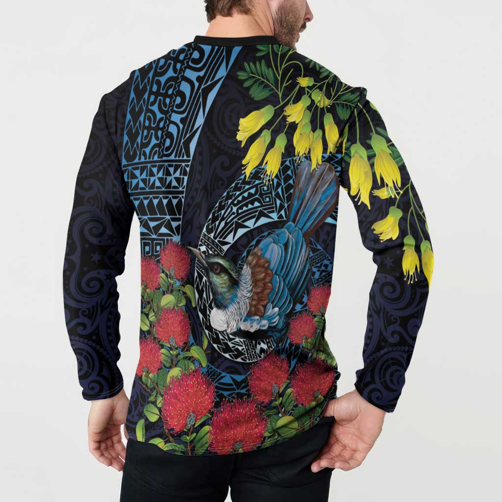 New Zealand Tui Bird Button Sweatshirt Maori Koru Mix Pohutukawa DT04 - Polynesian Pride