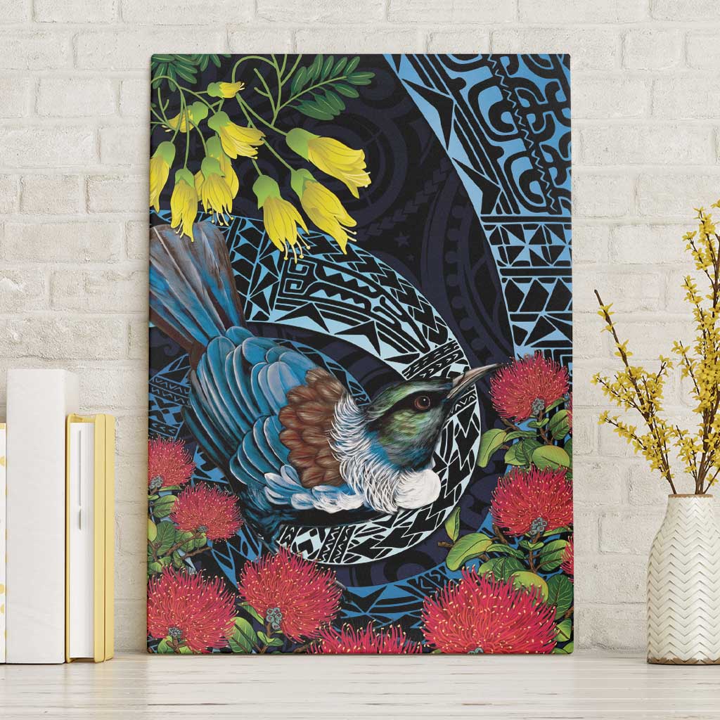 New Zealand Tui Bird Canvas Wall Art Maori Koru Mix Pohutukawa DT04 Without Frame Black - Polynesian Pride