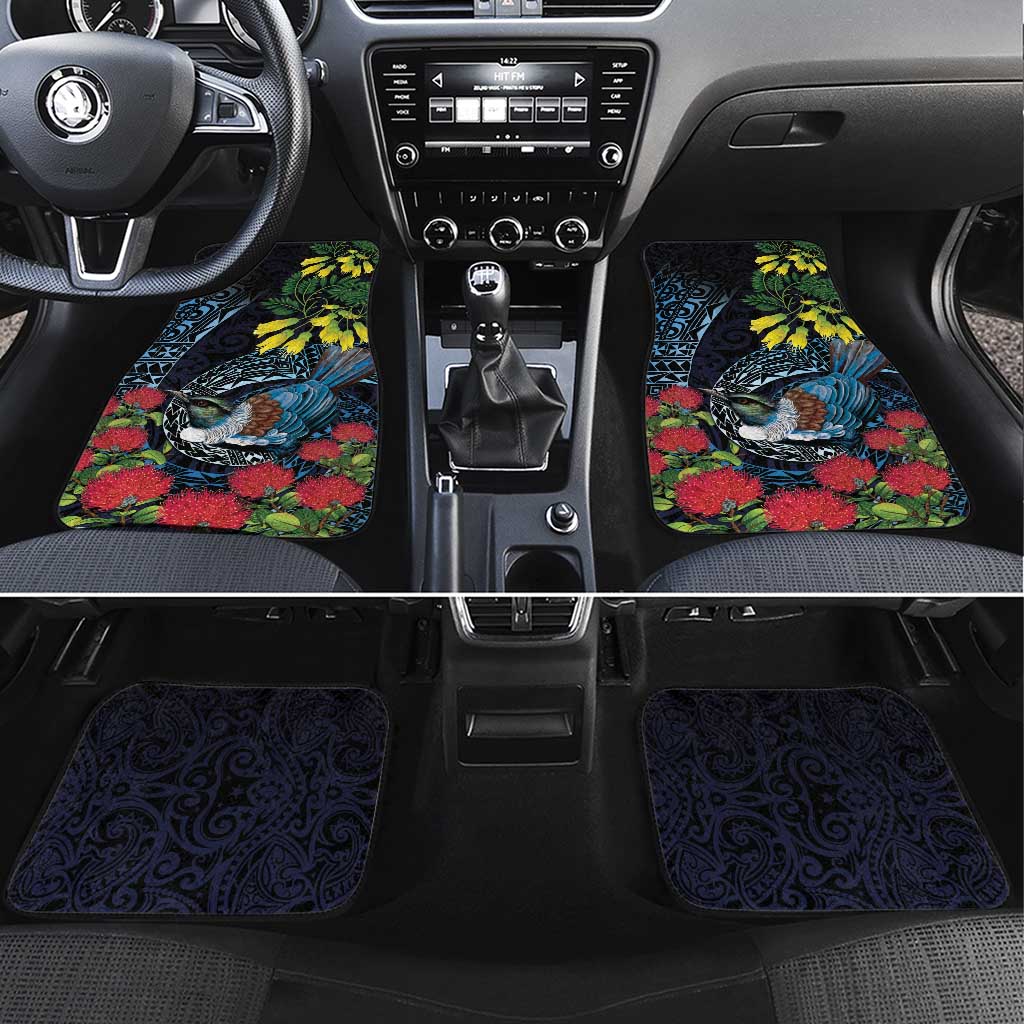 New Zealand Tui Bird Car Mats Maori Koru Mix Pohutukawa DT04 Set 4pcs Black - Polynesian Pride
