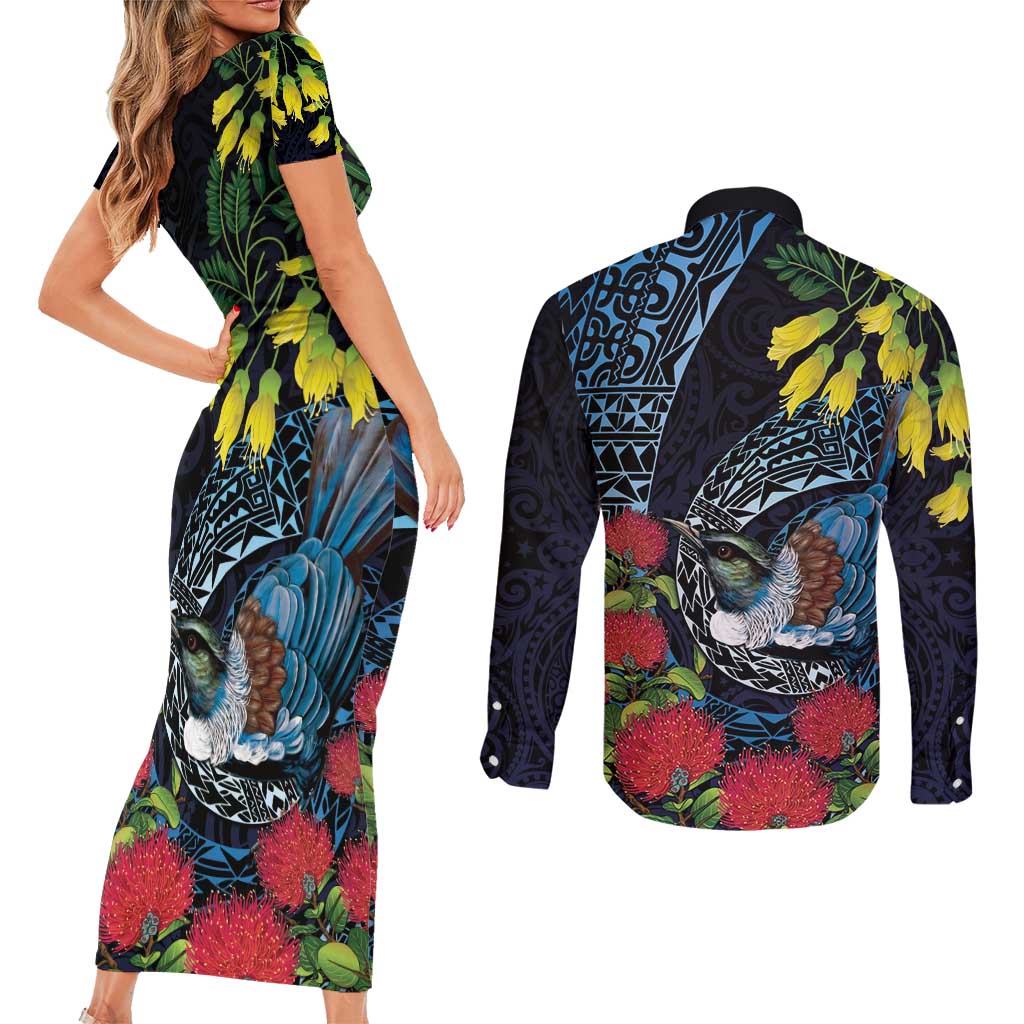 New Zealand Tui Bird Couples Matching Short Sleeve Bodycon Dress and Long Sleeve Button Shirt Maori Koru Mix Pohutukawa