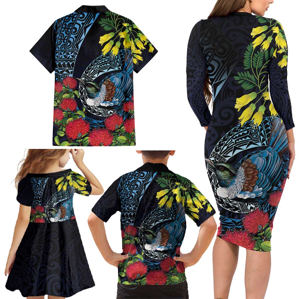 New Zealand Tui Bird Family Matching Long Sleeve Bodycon Dress and Hawaiian Shirt Maori Koru Mix Pohutukawa