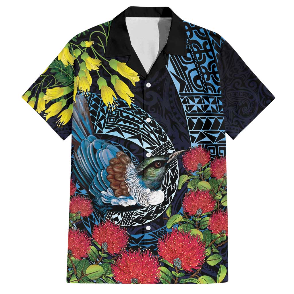 New Zealand Tui Bird Family Matching Long Sleeve Bodycon Dress and Hawaiian Shirt Maori Koru Mix Pohutukawa