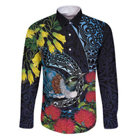 New Zealand Tui Bird Family Matching Long Sleeve Bodycon Dress and Hawaiian Shirt Maori Koru Mix Pohutukawa
