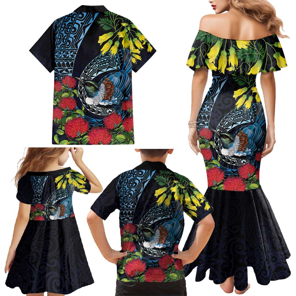 New Zealand Tui Bird Family Matching Mermaid Dress and Hawaiian Shirt Maori Koru Mix Pohutukawa