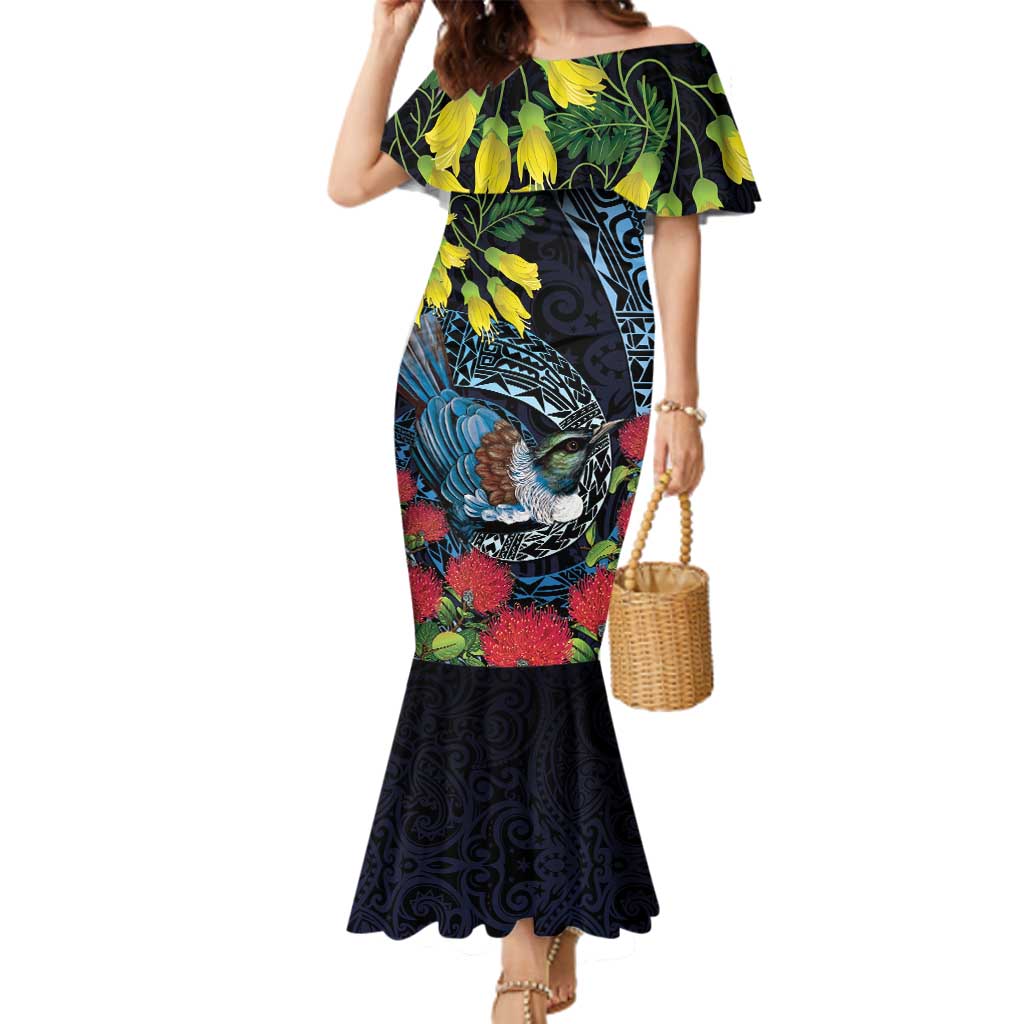 New Zealand Tui Bird Family Matching Mermaid Dress and Hawaiian Shirt Maori Koru Mix Pohutukawa