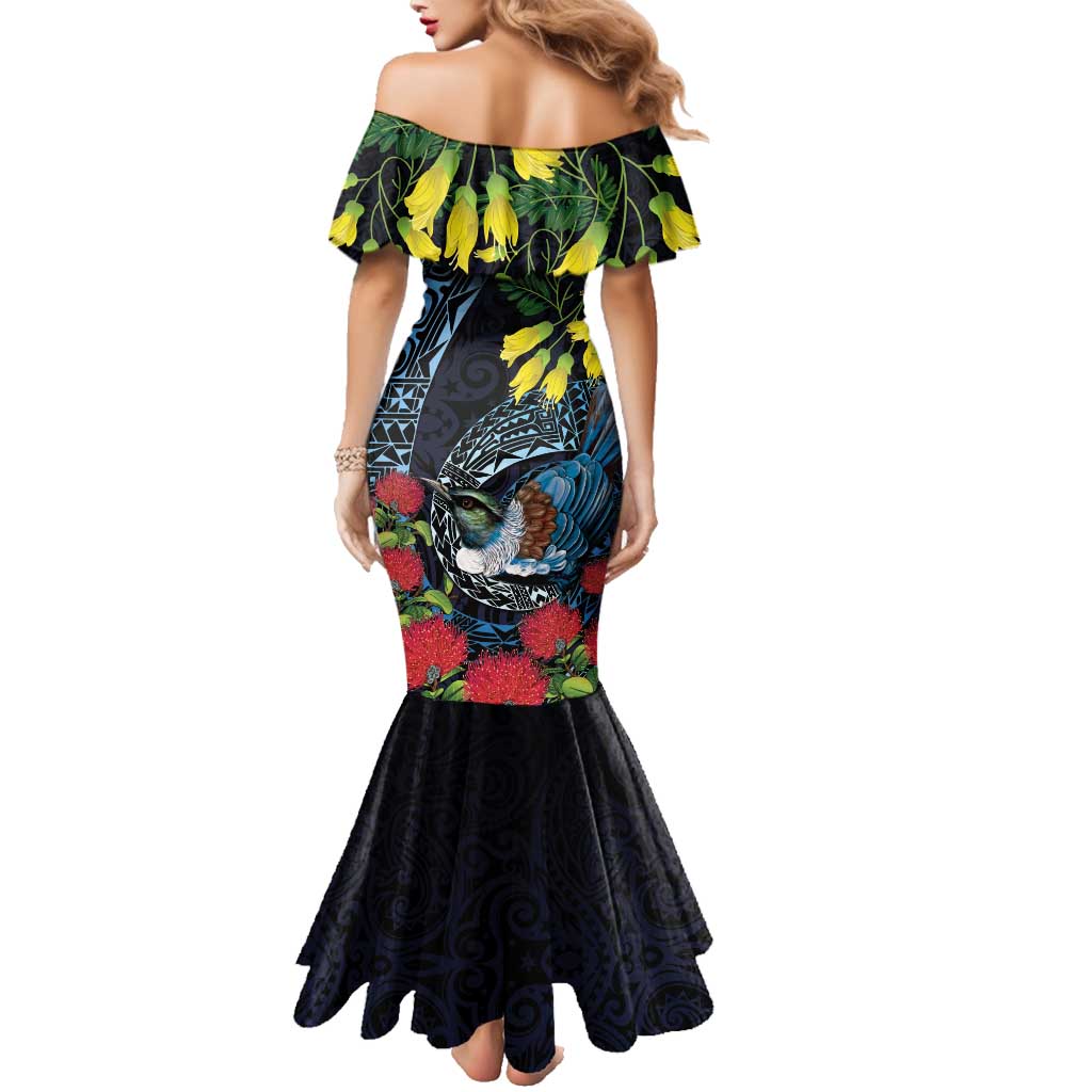 New Zealand Tui Bird Family Matching Mermaid Dress and Hawaiian Shirt Maori Koru Mix Pohutukawa