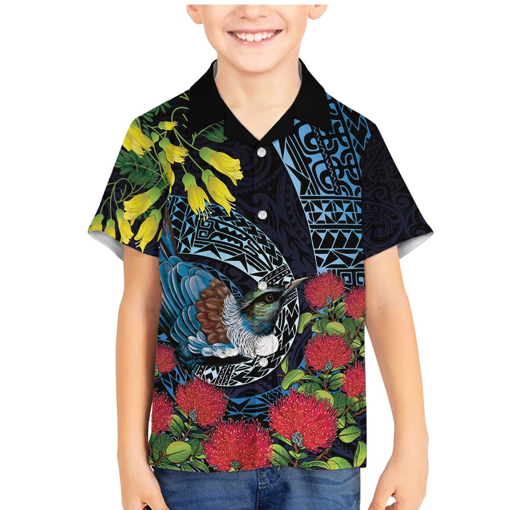 New Zealand Tui Bird Family Matching Mermaid Dress and Hawaiian Shirt Maori Koru Mix Pohutukawa