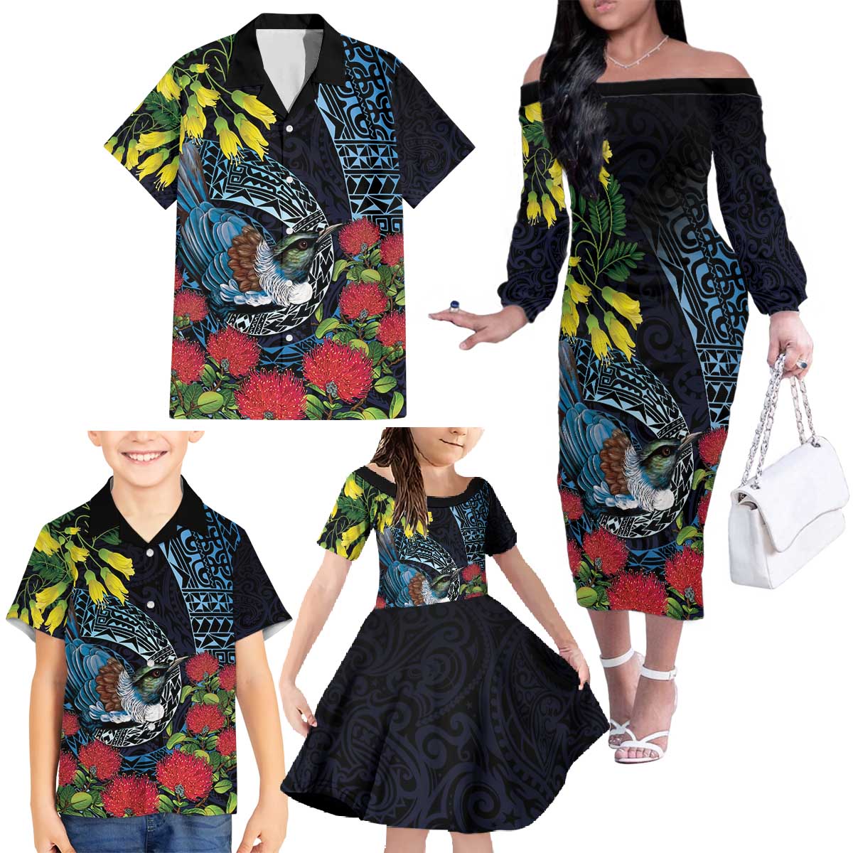 New Zealand Tui Bird Family Matching Off The Shoulder Long Sleeve Dress and Hawaiian Shirt Maori Koru Mix Pohutukawa