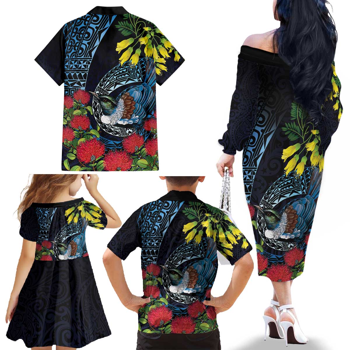 New Zealand Tui Bird Family Matching Off The Shoulder Long Sleeve Dress and Hawaiian Shirt Maori Koru Mix Pohutukawa