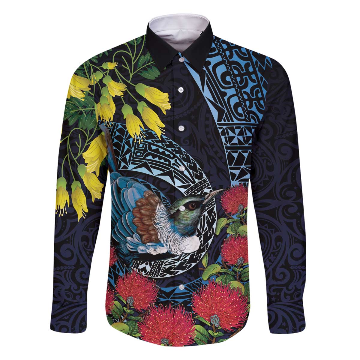 New Zealand Tui Bird Family Matching Off The Shoulder Long Sleeve Dress and Hawaiian Shirt Maori Koru Mix Pohutukawa