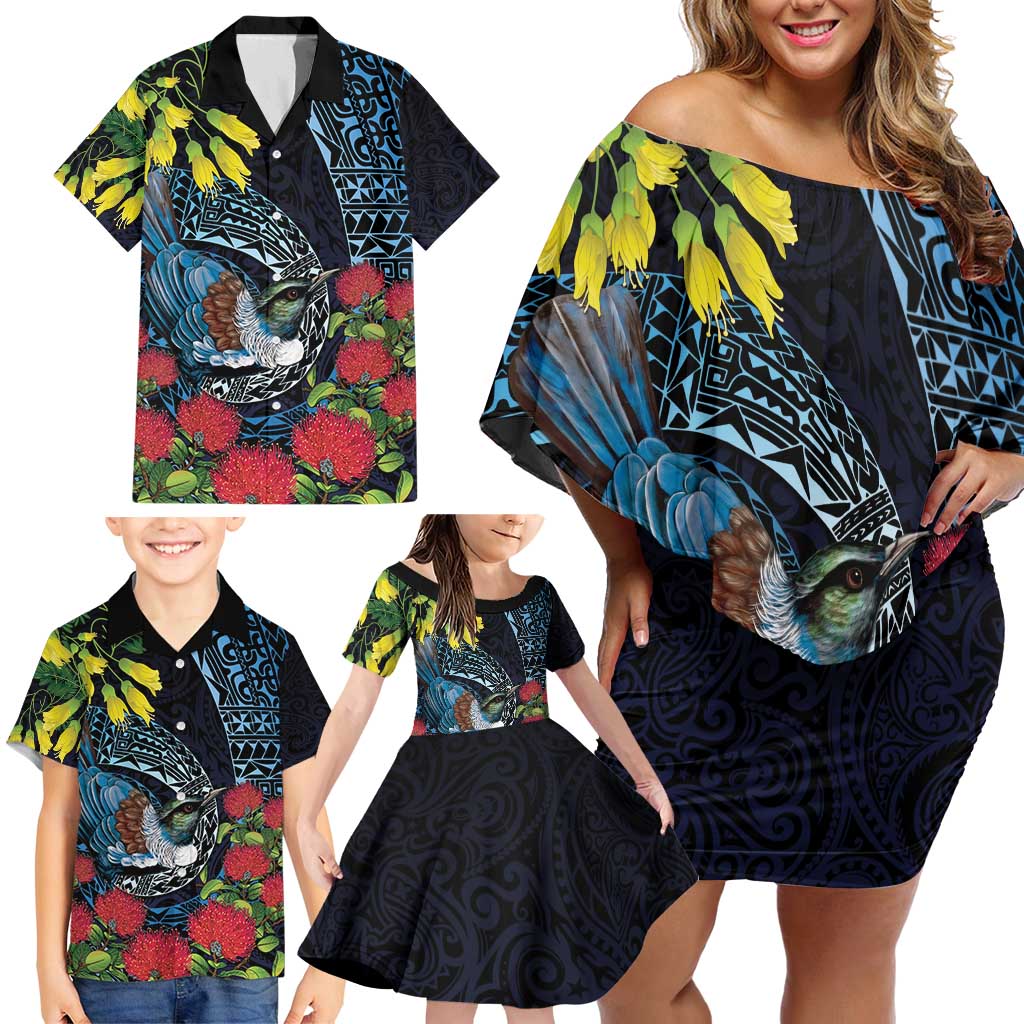 New Zealand Tui Bird Family Matching Off Shoulder Short Dress and Hawaiian Shirt Maori Koru Mix Pohutukawa