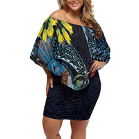 New Zealand Tui Bird Family Matching Off Shoulder Short Dress and Hawaiian Shirt Maori Koru Mix Pohutukawa