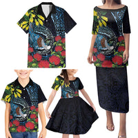 New Zealand Tui Bird Family Matching Puletasi and Hawaiian Shirt Maori Koru Mix Pohutukawa