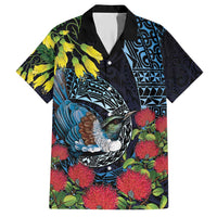 New Zealand Tui Bird Family Matching Short Sleeve Bodycon Dress and Hawaiian Shirt Maori Koru Mix Pohutukawa