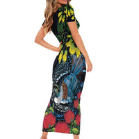 New Zealand Tui Bird Family Matching Short Sleeve Bodycon Dress and Hawaiian Shirt Maori Koru Mix Pohutukawa