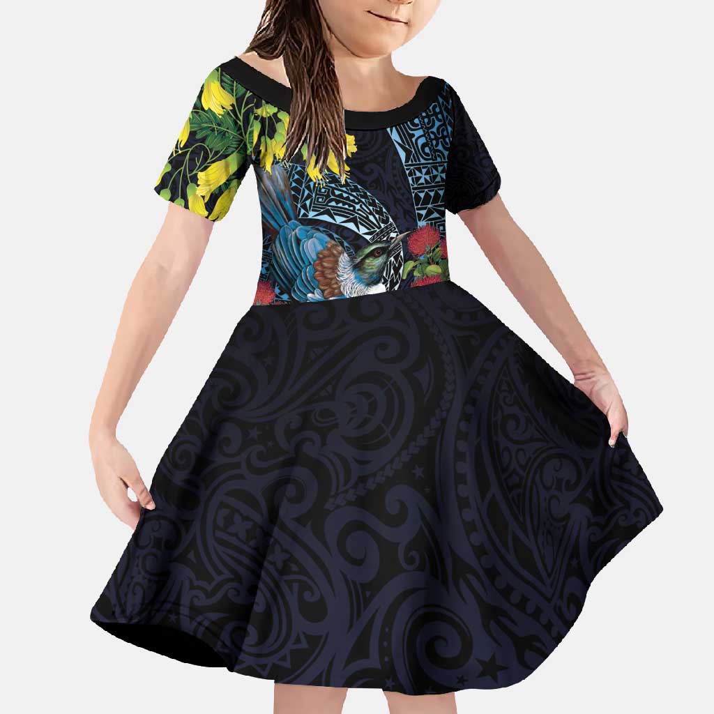 New Zealand Tui Bird Family Matching Summer Maxi Dress and Hawaiian Shirt Maori Koru Mix Pohutukawa