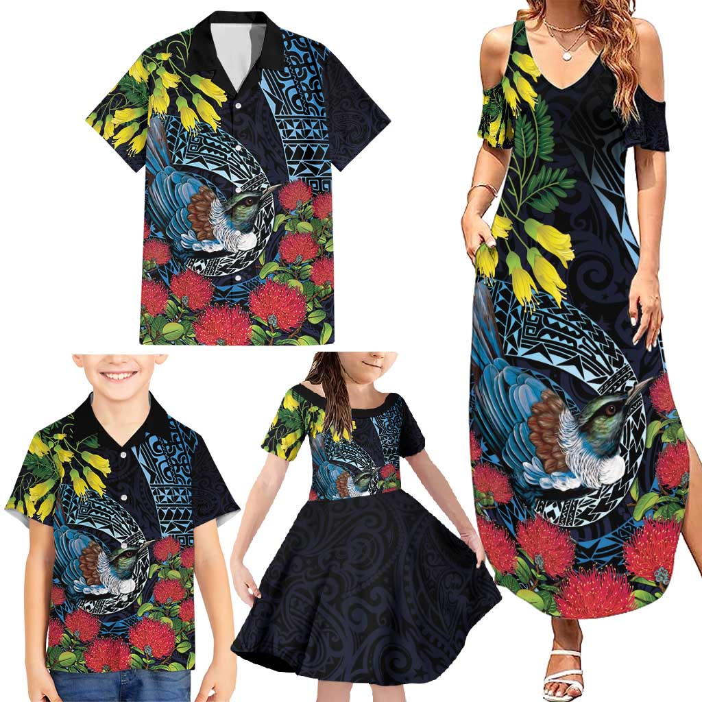 New Zealand Tui Bird Family Matching Summer Maxi Dress and Hawaiian Shirt Maori Koru Mix Pohutukawa