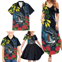 New Zealand Tui Bird Family Matching Summer Maxi Dress and Hawaiian Shirt Maori Koru Mix Pohutukawa