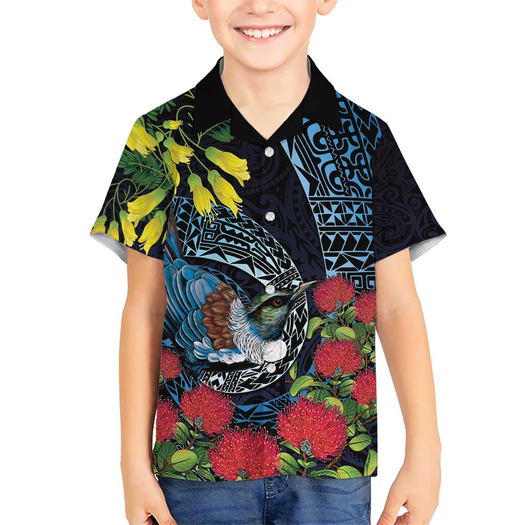 New Zealand Tui Bird Hawaiian Shirt Maori Koru Mix Pohutukawa DT04 - Polynesian Pride