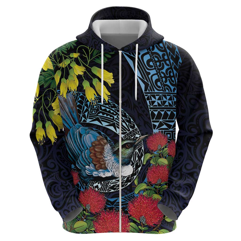 New Zealand Tui Bird Hoodie Maori Koru Mix Pohutukawa