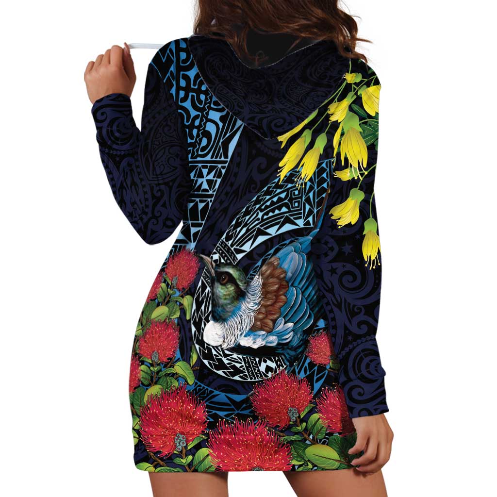 New Zealand Tui Bird Hoodie Dress Maori Koru Mix Pohutukawa
