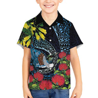 New Zealand Tui Bird Kid Hawaiian Shirt Maori Koru Mix Pohutukawa